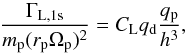 Mathematical equation: \begin{equation} \frac{\Gamma_\mathrm{L,1s}} {m_{\rm p} (r_{\rm p} \Omega_{\rm p})^2} = C_{\rm L} q_{\rm d} \frac{q_{\rm p}}{h^3}, \label{eq:lindblad1} \end{equation}