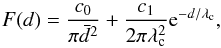 Mathematical equation: \begin{equation} F(d)=\frac{c_0}{\strut\pi\bar d^2}+\frac{c_1}{2\pi\lmbc^2}{\rm e}^{-d/\lmbc}, \end{equation}