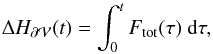 Mathematical equation: \appendix \setcounter{section}{2} \begin{equation} \Delta H_\surf (t) = \int_0^t \Ftot(\tau) ~\rmd \tau \label{eq:defHsurftot}, \end{equation}