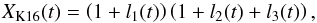Mathematical equation: \begin{equation} X_{\rm K16}(t) = \left(1+l_{1}(t)\right)\left(1+l_{2}(t)+l_{3}(t)\right) , \end{equation}