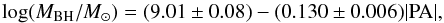 Mathematical equation: \begin{equation} \log({M_{\rm BH}/M_{\sun}}) = (9.01\pm0.08) - (0.130\pm0.006\rm )|PA|, \end{equation}