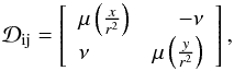 Mathematical equation: \begin{equation} \mathcal{D}_{\rm ij}=\left[\begin{array}{lr} \mu\left(\frac{x}{r^2}\right) & -\nu \\ \nu & \mu\left(\frac{y}{r^2}\right) \end{array}\right], \end{equation}