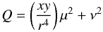 Mathematical equation: \begin{equation} Q=\left(\frac{xy}{r^{4}}\right)\mu^{2}+\nu^{2} \end{equation}