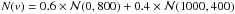 Mathematical equation: \hbox{$N(v)=0.6\times\mathcal{N}(0,800)+0.4\times\mathcal{N}(1000,400)$}