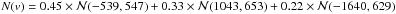 Mathematical equation: \hbox{$N(v)=0.45\times\mathcal{N}(-539,547)+0.33\times\mathcal{N}(1043,653)+0.22\times\mathcal{N}(-1640,629)$}