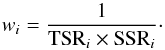 Mathematical equation: \begin{equation} w_i = \frac{1}{{\rm TSR}_i \times {\rm SSR}_i} \cdot \label{eq:weight} \end{equation}