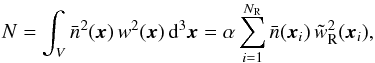 Mathematical equation: \begin{equation} N=\int_{{V}} \bar{n}^2({\vec x}) \, w^2({\vec x}) \, {\rm d}^3{\vec x} = \alpha \sum^{N_{\rm R}}_{i=1} \bar{n}({\vec x}_i) \, \tilde w_{\rm{R}}^2({\vec x}_i) , \label{norm} \end{equation}
