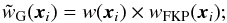 Mathematical equation: \begin{equation} {\tilde w_{\rm{G}}({\vec x}_i) = w({\vec x}_i) \times w_{\rm FKP}({\vec x}_i) } ; \label{eq:weight_total} \end{equation}