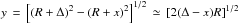 Mathematical equation: \hbox{$y\,=\,\left[\left(R+\Delta \right)^2 - \left(R+x\right)^2\right]^{1/2}\,\simeq\,\left[2(\Delta-x) R\right]^{1/2}$}
