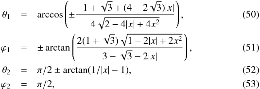 Mathematical equation: \begin{eqnarray} \theta_1 &=& \arccos\left(\pm\frac{-1+\sqrt{3}+(4-2\sqrt{3})|x|}{4\sqrt{2-4|x|+4x^2}}\right), \label{eq:testcase3theta1}\\ \varphi_1 &=& \pm \arctan\left(\frac{2(1+\sqrt{3})\sqrt{1-2|x|+2x^2}}{3-\sqrt{3}-2|x|}\right), \label{eq:testcase3phi1} \\ \theta_2 &=& \pi/2 \pm \arctan(1/|x| - 1), \label{eq:testcase3theta2} \\ \varphi_2 &=& \pi/2, \label{eq:testcase3phi2} \end{eqnarray}