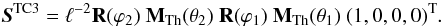 Mathematical equation: \begin{equation} \label{eq:testcase3Stokes} {\bfS^{\text{TC3}}}=\ell^{-2}{\bf{R}}(\varphi_2)\ {\bf{M}}_\mathrm{Th}(\theta_2)\ {\bf{R}}(\varphi_1)\ {\bf{M}}_\mathrm{Th}(\theta_1)\ (1,0,0,0)^\text{T}. \end{equation}