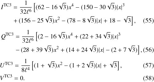 Mathematical equation: \begin{eqnarray} &&\begin{split} I^\text{TC3} &= \frac1{32\ell^6}\left[(62-16\sqrt{3})x^4-(150-30\sqrt{3})|x|^3\right.\\ & \left.+\,(156-25\sqrt{3})x^2-(78-8\sqrt{3})|x|+18-\sqrt{3}\right], \end{split}\\[1mm] &&\begin{split} Q^\text{TC3} &= \frac1{32\ell^6}\left[(2-16\sqrt{3})x^4+(22+34\sqrt{3})|x|^3\right.\\ & \left.-\,(28+39\sqrt{3})x^2+(14+24\sqrt{3})|x|-(2+7\sqrt{3})\right], \end{split}\\[1mm] &&U^\text{TC3} = \frac1{8\ell^4}\left[(1+\sqrt{3})x^2-(1+2\sqrt{3})|x|+\sqrt{3}\right],\\ &&V^\text{TC3} = 0.~~ \end{eqnarray}