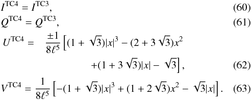Mathematical equation: \begin{eqnarray} &&I^\text{TC4} = I^\text{TC3}, \\ &&Q^\text{TC4} = Q^\text{TC3}, \\ &&\begin{split} U^\text{TC4} &=& \frac{\pm 1}{8\ell^5}\left[(1+\sqrt{3})|x|^3-(2+3\sqrt{3})x^2\right.\\ & & \left.+(1+3\sqrt{3})|x|-\sqrt{3}\right] \label{eq:testcase4U}, \end{split}\\ &&V^\text{TC4} = \frac{1}{8\ell^5}\left[-(1+\sqrt{3})|x|^3+(1+2\sqrt{3})x^2-\sqrt{3}|x|\right]. \end{eqnarray}