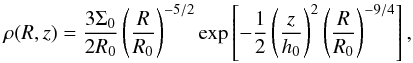 Mathematical equation: \begin{equation} \rho(R,z) = \frac{3\Sigma_0}{2R_0} \left(\frac{R}{R_0}\right)^{-5/2} \exp\left[-\frac12 \left(\frac{z}{h_0}\right)^2 \left(\frac{R}{R_0}\right)^{-9/4}\right] , \end{equation}