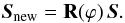 Mathematical equation: \begin{equation} \bfSnew = {\bf{R}}(\varphi)\,\bfS. \label{eq:applyRotation} \end{equation}