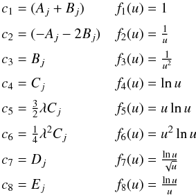 Mathematical equation: \appendix \setcounter{section}{2} \begin{eqnarray*} \begin{array}{ll} c_1=(A_j + B_j) &f_1(u)=1\\[2mm] c_2=(-A_j - 2B_j)& f_2(u)={1\over u}\\[2mm] c_3=B_j & f_3(u)={1\over u^2}\\[2mm] c_4=C_j & f_4(u)=\ln u\\[2mm] c_5={3\over{2}}\lambda C_j & f_5(u)=u\ln u\\[2mm] c_6={1\over{4}}\lambda^2 C_j& f_6(u)=u^2\ln u\\[2mm] c_7=D_j & f_7(u)={{\ln u}\over{\sqrt{u}}}\\[2mm] c_8=E_j & f_8(u)={{\ln u}\over{u}} \end{array} \end{eqnarray*}