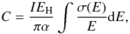 Mathematical equation: \begin{equation} C = {IE_{\rm H}\over \pi \alpha} \int {\sigma(E)\over E}{\rm d}E, \label{eqn:bethe} \end{equation}