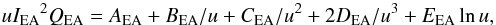 Mathematical equation: \begin{equation} u{I_{\rm EA}}^2Q_{\rm EA} = A_{\rm EA}+ B_{\rm EA}/u + C_{\rm EA}/u^2 + 2D_{\rm EA}/u^3 + E_{\rm EA} \ln u, \label{eqn:eamewe} \end{equation}