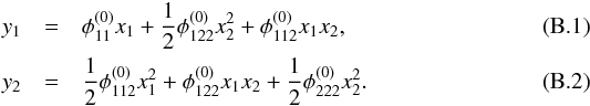 Mathematical equation: \appendix \setcounter{section}{2} \begin{eqnarray} y_1 &=& \phi_{11}^{(0)}x_{1} + \dfrac12\phi_{122}^{(0)}x_{2}^2 + \phi_{112}^{(0)}x_{1}x_{2} , \label{eq:fold_le1} \\ y_2 &=& \dfrac12\phi_{112}^{(0)}x_{1}^2 + \phi_{122}^{(0)}x_{1}x_{2} + \dfrac12\phi_{222}^{(0)}x_{2}^2 . \label{eq:fold_le2} \end{eqnarray}