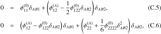 Mathematical equation: \appendix \setcounter{section}{3} \begin{eqnarray} 0 &=& \phi_{11}^{(0)} \delta_{AB1} + \left( \phi_{12}^{(A)}- \dfrac12 \phi_{122}^{(0)}\delta_{AB2}\right) \delta_{AB2} , \label{eq:cusp_dist_le1} \\ 0 &=& \left( \phi_{12}^{(A)}- \phi_{122}^{(0)}\delta_{AB2}\right) \delta_{AB1} + \left( \phi_{22}^{(A)} + \dfrac16 \phi_{2222}^{(0)} \delta_{AB2}^2 \right) \delta_{AB2} , \label{eq:cusp_dist_le2} \end{eqnarray}
