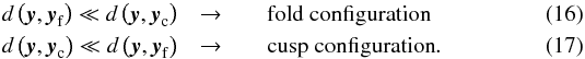 Mathematical equation: \begin{eqnarray} d\left(\boldsymbol{y}, \boldsymbol{y}_\mathrm{f}\right)\ll d\left(\boldsymbol{y}, \boldsymbol{y}_\mathrm{c}\right) &\rightarrow & \quad \text{fold configuration} \label{eq:source_comp1} \\ d\left(\boldsymbol{y}, \boldsymbol{y}_\mathrm{c}\right) \ll d\left(\boldsymbol{y}, \boldsymbol{y}_\mathrm{f}\right) &\rightarrow &\quad \text{cusp configuration} \label{eq:source_comp2}. \end{eqnarray}