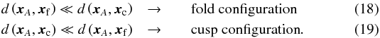 Mathematical equation: \begin{eqnarray} d\left(\boldsymbol{x}_A, \boldsymbol{x}_\mathrm{f}\right)\ll d\left(\boldsymbol{x}_A, \boldsymbol{x}_\mathrm{c}\right) &\rightarrow& \quad \text{fold configuration} \label{eq:image_comp1} \\ d\left(\boldsymbol{x}_A, \boldsymbol{x}_\mathrm{c}\right) \ll d\left(\boldsymbol{x}_A, \boldsymbol{x}_\mathrm{f}\right) &\rightarrow& \quad \text{cusp configuration} \label{eq:image_comp2}. \end{eqnarray}