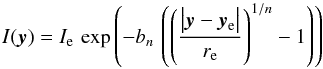 Mathematical equation: \begin{equation} I(\boldsymbol{y}) = I_\mathrm{e} \, \exp {\left( - b_n \, \left( \left(\frac{\left|\boldsymbol{y} -\boldsymbol{y}_\mathrm{e} \right|}{r_{\rm e}} \right)^{1/n} -1 \right) \right)} \label{eq:sersic_profile} \end{equation}