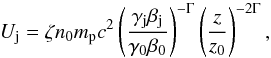 Mathematical equation: \begin{equation} U_{\rm j} = \zeta n_0 m_{\rm p} c^2 \left(\frac{\gamma_{\rm j}\beta_{\rm j}}{\gamma_0\beta_0}\right)^{-\Gamma} \left(\frac{z}{z_0}\right)^{-2\Gamma}, \end{equation}