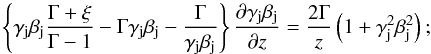 Mathematical equation: \begin{equation} \label{eq:FullEulerAdiabatic} \left\{\gamma_{\rm j}\beta_{\rm j}\frac{\Gamma+\xi}{\Gamma-1}-\Gamma \gamma_{\rm j}\beta_{\rm j}-\frac{\Gamma}{\gamma_{\rm j}\beta_{\rm j}}\right\}\frac{\partial \gamma_{\rm j}\beta_{\rm j}}{\partial z} = \frac{2\Gamma}{z}\left(1+\gamma_{\rm j}^2\beta_{\rm j}^2\right);\\ \end{equation}