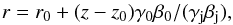 Mathematical equation: \begin{equation} \label{eq:CrossSection} r = r_0 + (z - z_0)\gamma_0\beta_0 /(\gamma_{\rm j}\beta_{\rm j}), \end{equation}