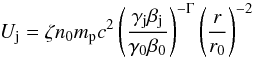 Mathematical equation: \begin{equation} U_{\rm j} = \zeta n_0 m_{\rm p} c^2 \left(\frac{\gamma_{\rm j}\beta_{\rm j}}{\gamma_0\beta_0}\right)^{-\Gamma}\left(\frac{r}{r_0}\right)^{-2} \end{equation}