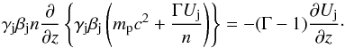 Mathematical equation: \begin{equation} \label{eq:Euler_expanded} \gamma_{\rm j}\beta_{\rm j} n \frac{\partial}{\partial z}\left\{\gamma_{\rm j}\beta_{\rm j}\left(m_{\rm p} c^2 +\frac{\Gamma U_{\rm j}}{n}\right)\right\} = -(\Gamma-1)\frac {\partial U_{\rm j}}{\partial z} \cdot \end{equation}