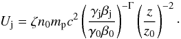 Mathematical equation: \begin{equation} \label{eq:U_j_quasi} U_{\rm j} = \zeta n_0 m_{\rm p} c^2\left(\frac{\gamma_{\rm j}\beta_{\rm j}}{\gamma_0\beta_0}\right)^{-\Gamma}\left(\frac{z}{z_0}\right)^{-2} \cdot \end{equation}