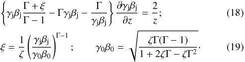 Mathematical equation: \begin{eqnarray} \label{eq:AGNJET_Corrected} &&\left\{\gamma_{\rm j}\beta_{\rm j}\frac{\Gamma+\xi}{\Gamma-1}-\Gamma\gamma_{\rm j}\beta_{\rm j}-\frac{\Gamma}{\gamma_{\rm j}\beta_{\rm j}}\right\}\frac{\partial \gamma_{\rm j}\beta_{\rm j}}{\partial z} = \frac{2}{z}; \\ &&\xi = \frac{1}{\zeta}\left(\frac{\gamma_{\rm j}\beta_{\rm j}}{\gamma_0\beta_0}\right)^{\Gamma-1}; \qquad \gamma_0\beta_0=\sqrt{\frac{\zeta\Gamma(\Gamma-1)}{1+2\zeta\Gamma-\zeta\Gamma^2}} \cdot \end{eqnarray}