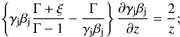 Mathematical equation: \begin{equation} \label{eq:Heino96} \left\{\gamma_{\rm j}\beta_{\rm j}\frac{\Gamma+\xi}{\Gamma-1}-\frac{\Gamma}{\gamma_{\rm j}\beta_{\rm j}}\right\}\frac{\partial \gamma_{\rm j}\beta_{\rm j}}{\partial z} = \frac{2}{z}; \end{equation}