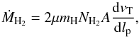 Mathematical equation: \begin{equation} \dot{M}_{\rm H_{2}}=2\mu m_{\rm H}N_{\rm H_{2}}A\frac{{\rm d}{v}_{\rm T}}{{\rm d}l_{\rm p}}, \label{eq:otraeq} \end{equation}