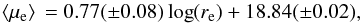 Mathematical equation: \begin{equation} \langle \mu_{\rm e} \rangle \, = 0.77 (\pm 0.08) \log(r_{\rm e}) + 18.84(\pm 0.02) , \end{equation}