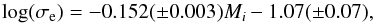 Mathematical equation: \begin{equation} \log(\sigma_{\rm e}) = -0.152 (\pm 0.003) M_{i} - 1.07 (\pm 0.07) , \label{eq:faber_jackson} \end{equation}