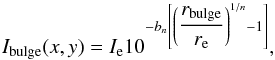 Mathematical equation: \begin{equation} I_{\rm bulge}(x, y) = I_{\rm e} 10^{-b_n \left[ \left(\dfrac{r_{\rm bulge}}{r_{\rm e}} \right)^{1/n} - 1 \right]} , \end{equation}