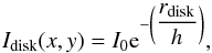 Mathematical equation: \begin{equation} I_{\rm disk}(x, y) = I_0 {\rm e}^{- \left(\dfrac{r_{\rm disk}}{h} \right)} , \end{equation}