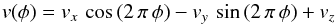 Mathematical equation: \begin{equation} v(\phi)=v_{x}\,\cos{(2\,\pi\,\phi)}-v_{y}\,\sin{(2\,\pi\,\phi)}+v_{z}\label{eqtomo} \end{equation}