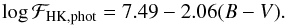 Mathematical equation: \begin{equation} \log{\mathcal{F}_{\rm HK,phot}} = 7.49-2.06(B-V). \label{eq:Fhkphot} \end{equation}