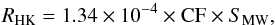 Mathematical equation: \begin{equation} R_{\rm HK} = 1.34\times10^{-4} \times {\rm CF} \times S_{\rm MW}, \label{eq:RHK} \end{equation}