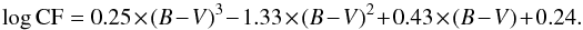 Mathematical equation: \begin{equation} \log{{\rm CF}} = 0.25\times(B-V)^3 - 1.33\times(B-V)^2 + 0.43\times(B-V) + 0.24. \label{eq:CF} \end{equation}