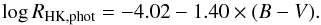Mathematical equation: \begin{equation} \log{R_{\rm HK,phot}} = -4.02 - 1.40\times(B-V). \label{eq:RHKphot1} \end{equation}