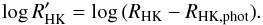 Mathematical equation: \begin{equation} \log{R^{\prime}_{\mathrm{HK}}} = \log{(R_{\rm HK} - R_{\rm HK,phot})}. \label{eq:R-HK} \end{equation}