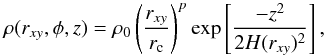 Mathematical equation: \begin{equation} \rho(r_{xy},\phi,z) = \rho_0\left(\frac{r_{xy}}{r_{\rm c}}\right)^{p}\exp\left[\frac{-z^2}{2H(r_{xy})^2}\right], \end{equation}