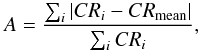 Mathematical equation: \begin{equation} A = \frac{\sum_i |{CR}_i-{CR}_{\rm mean}|}{\sum_i {CR}_i}, \label{semi_amplitude} \end{equation}