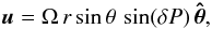 Mathematical equation: \begin{equation} \vec{u} = \Omega\,r\sin\theta\,\sin(\delta P)\,\vec{\hat{\theta}}, \end{equation}
