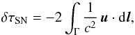Mathematical equation: \begin{equation} \delta\tau_\mathrm{SN} = -2\int_\Gamma\frac{1}{c^2} \, \vec{u} \cdot \mathrm{d}\vec{l}, \end{equation}